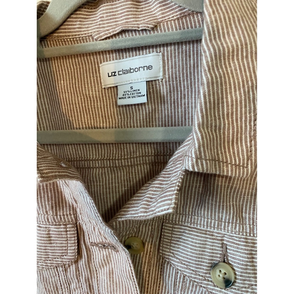 Liz Claiborne Tan White Striped Linen Blend Button Front Trucker Jacket Small - Picture 3 of 6